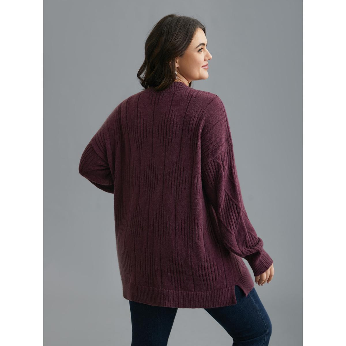 Plus Size Cable Knit Turtleneck Split Hem Pullover Plum Women Casual Loose Long Sleeve Turtleneck Everyday Pullovers BloomChic 18-20/2X Product Image