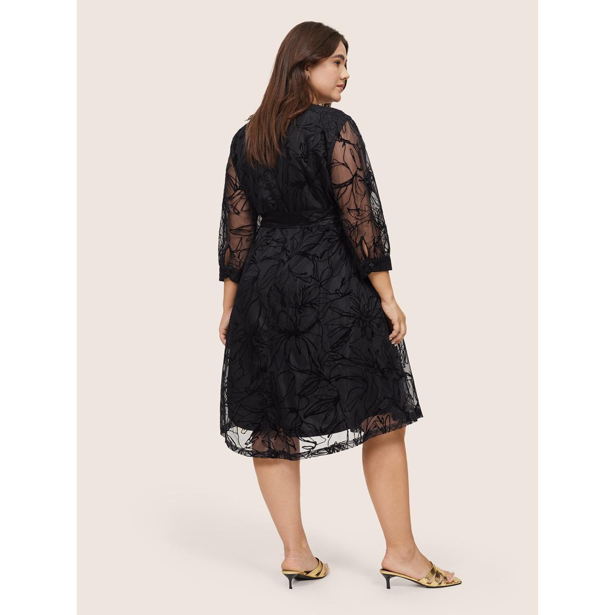 Plus Size Floral Flocked Tulle Belted Dress Black Women Glamour Wrap Overlap Collar Elbow-length sleeve Curvy Knee Dress BloomChic 22-24/3X Product Image