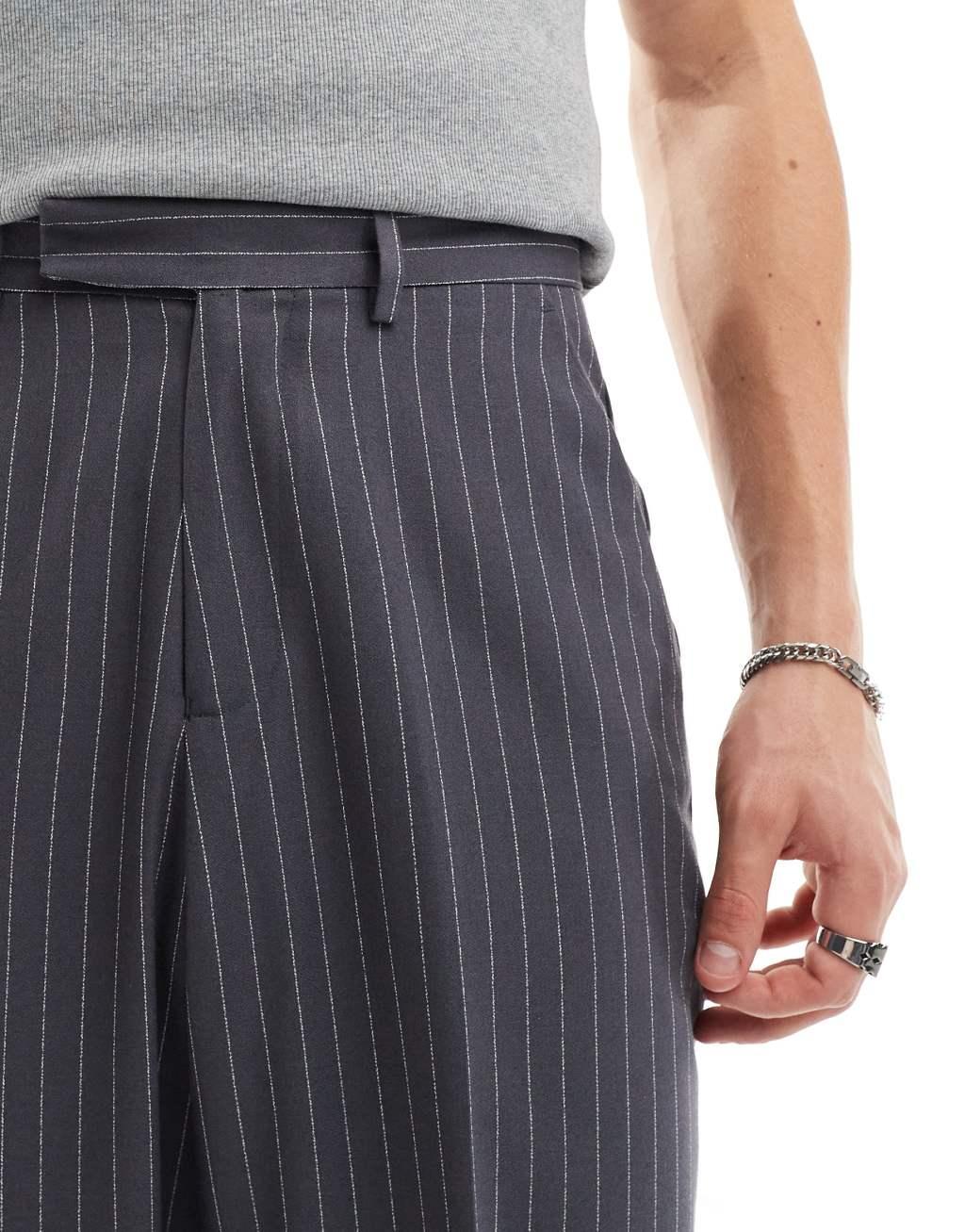 ASOS DESIGN high waist wide leg pants in charcoal pinstripe Product Image