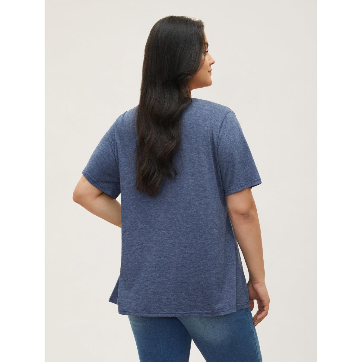 Plus Size Solid Pleated Front Button Detail V Neck T-shirt Stone Women Casual Button Plain Everyday T-shirts BloomChic 22-24/3X Product Image