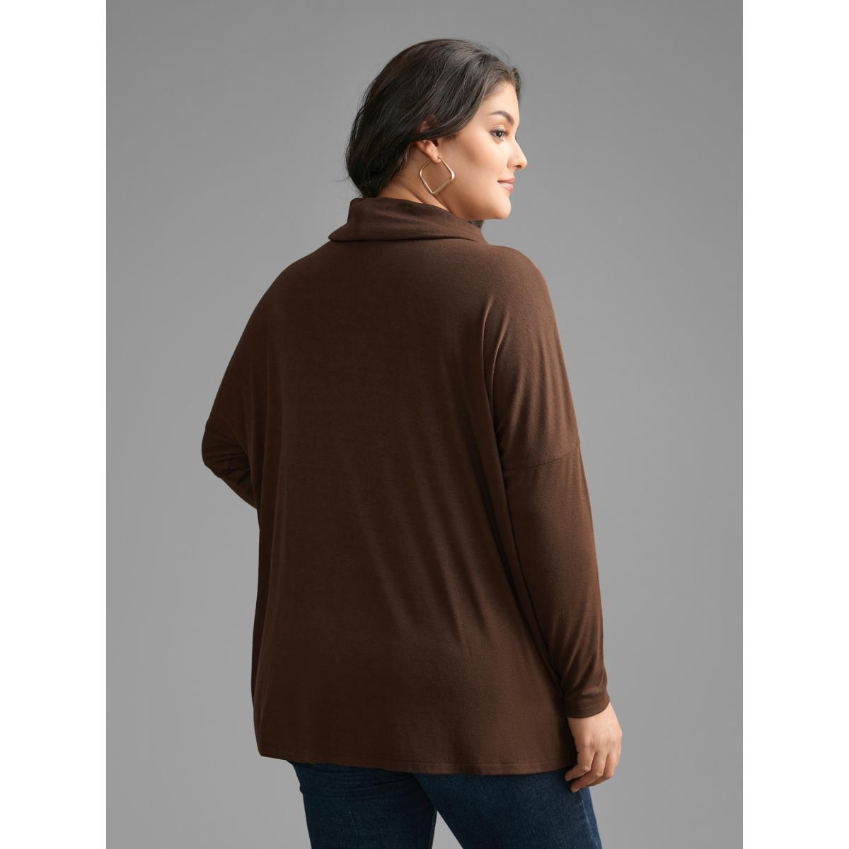 Plus Size Turtleneck Dolman Sleeve Split Hem T-shirt Browncoffeecolor Women Casual Slit Ruffled collar Loose Everyday T-shirts BloomChic 28/5X Product Image