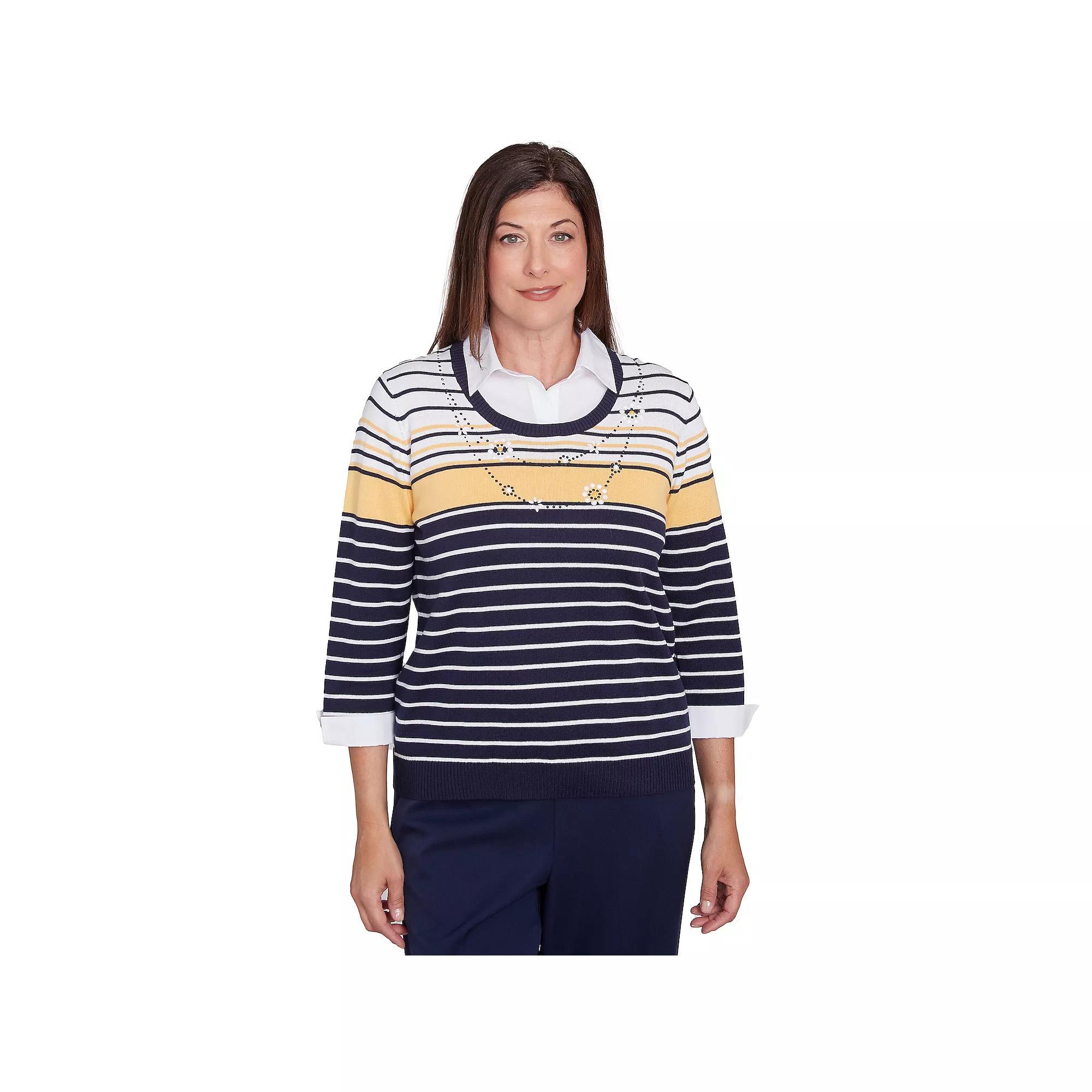 Petite Alfred Dunner Striped Two-in-One Collared Sweater with Necklace, Women's, Size: Small Petite, Blue Team Product Image