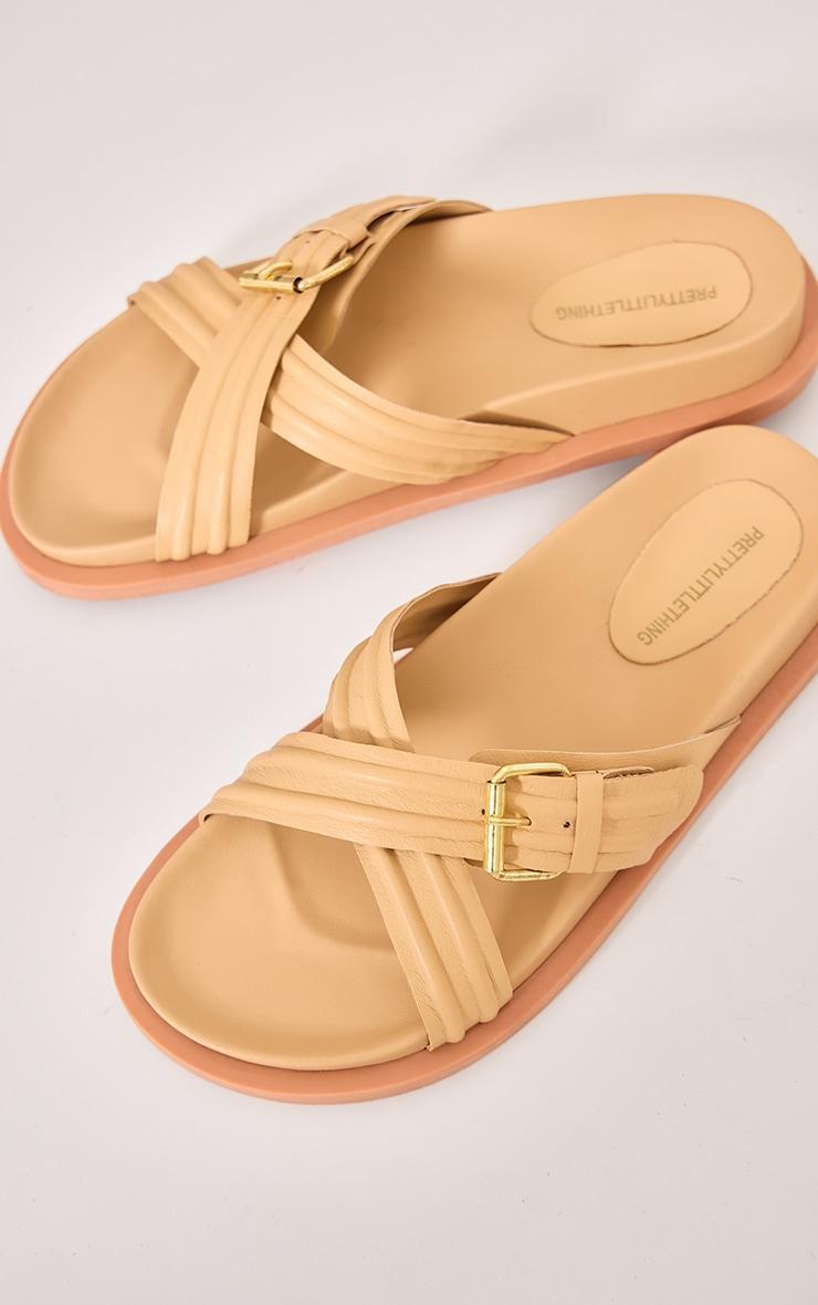 Cream Real Leather Round Toe Cross Over Buckle Detail Strap Footbed Sandals Product Image
