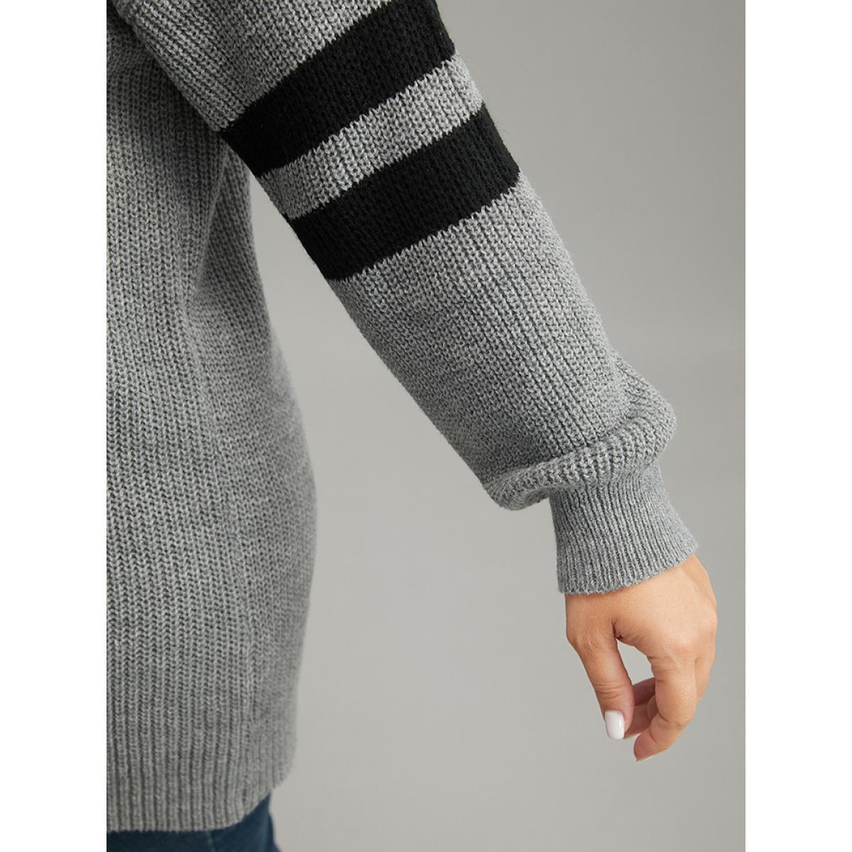 Plus Size Anti-Pilling Striped Button Detail Pullover DarkGray Women Casual Long Sleeve V-neck Dailywear Pullovers BloomChic 18-20/2X Product Image