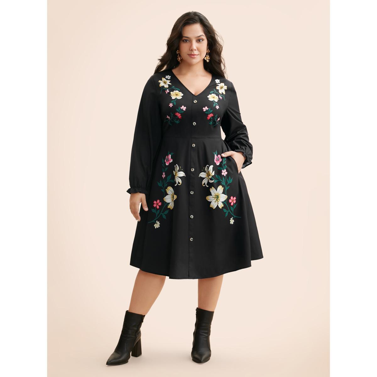 Plus Size V Neck Floral Button Detail Dress Black Women Elegant Button V-neck Long Sleeve Curvy BloomChic 22-24/3X Product Image