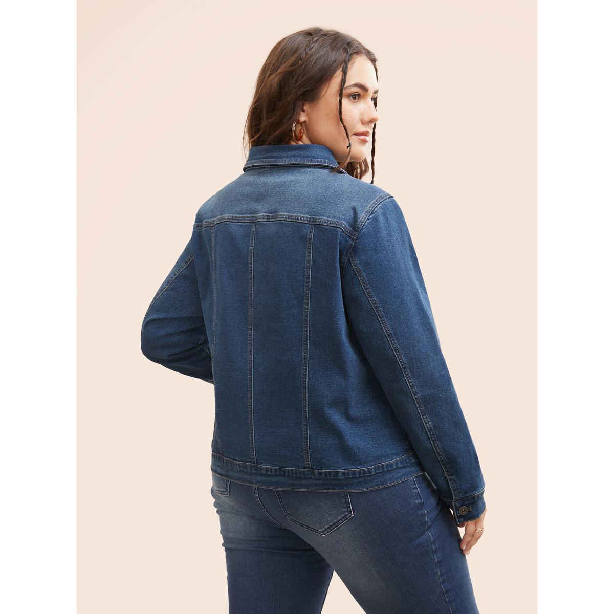 Women Stretch Denim Pockets Slim-Fit Jacket Midblue Plus Size Button Everyday Slanted pocket Casual Denim Jackets BloomChic 10/M Product Image