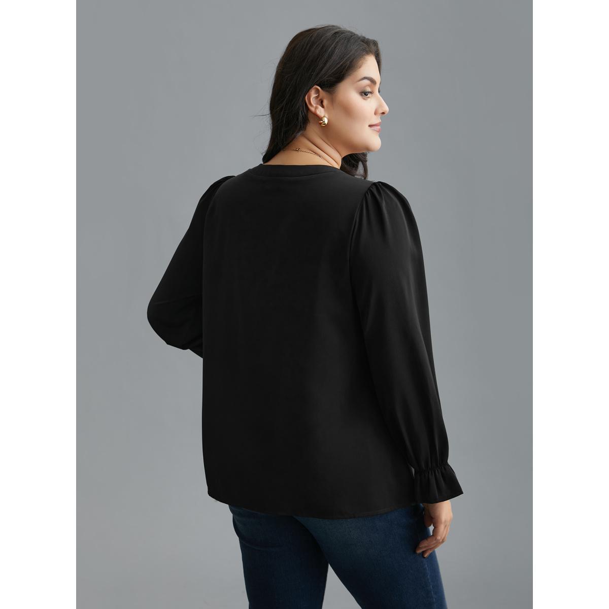 Plus Size Black Notched Collar Pleated Lantern Sleeve Blouse Women At the Office Long Sleeve Notched collar Work Blouses BloomChic 28/5X Product Image