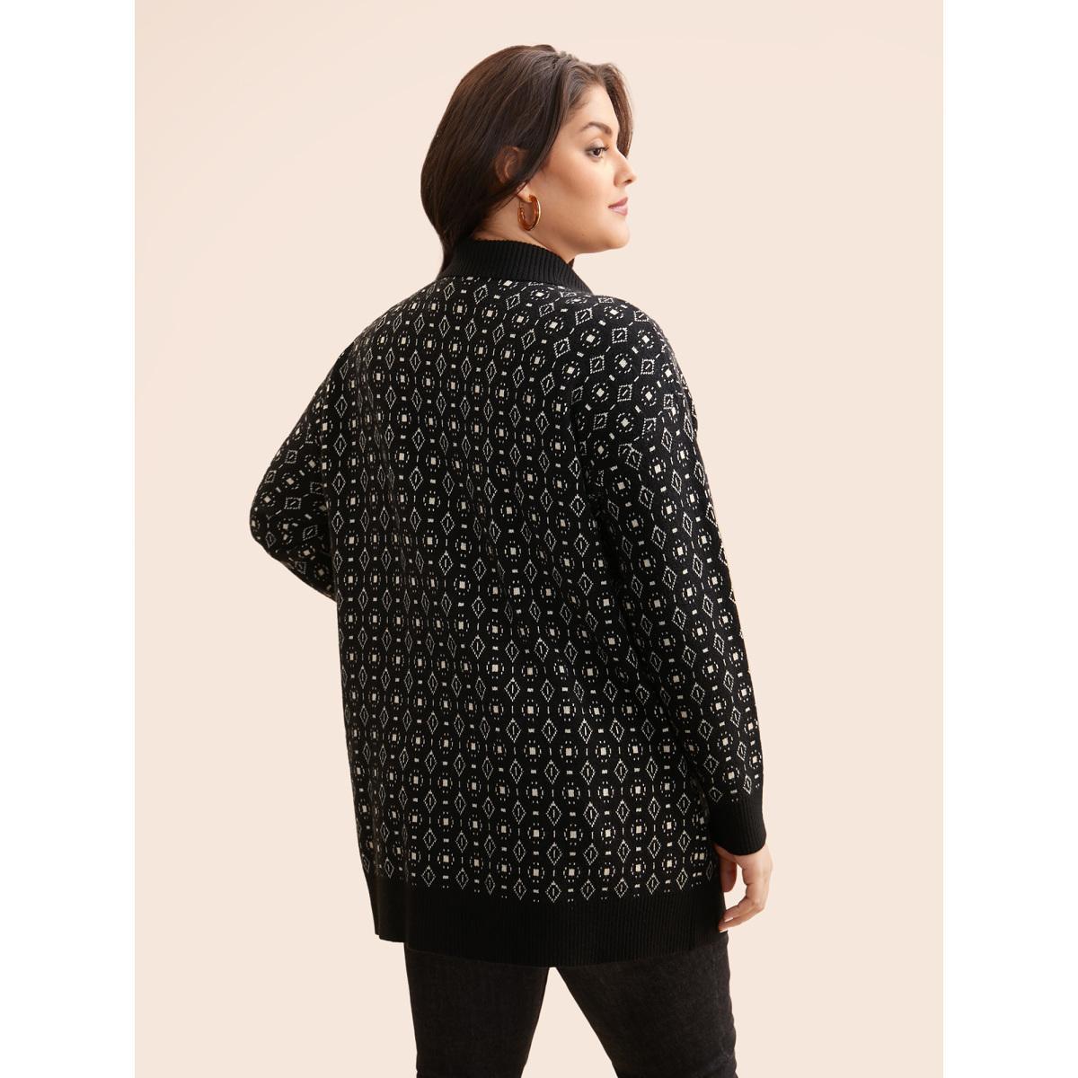 Plus Size Supersoft Essentials Geometric Jacquard Drop Shoulder Cardigan Black Women Casual Loose Long Sleeve Everyday Cardigans BloomChic 14-16/1X Product Image