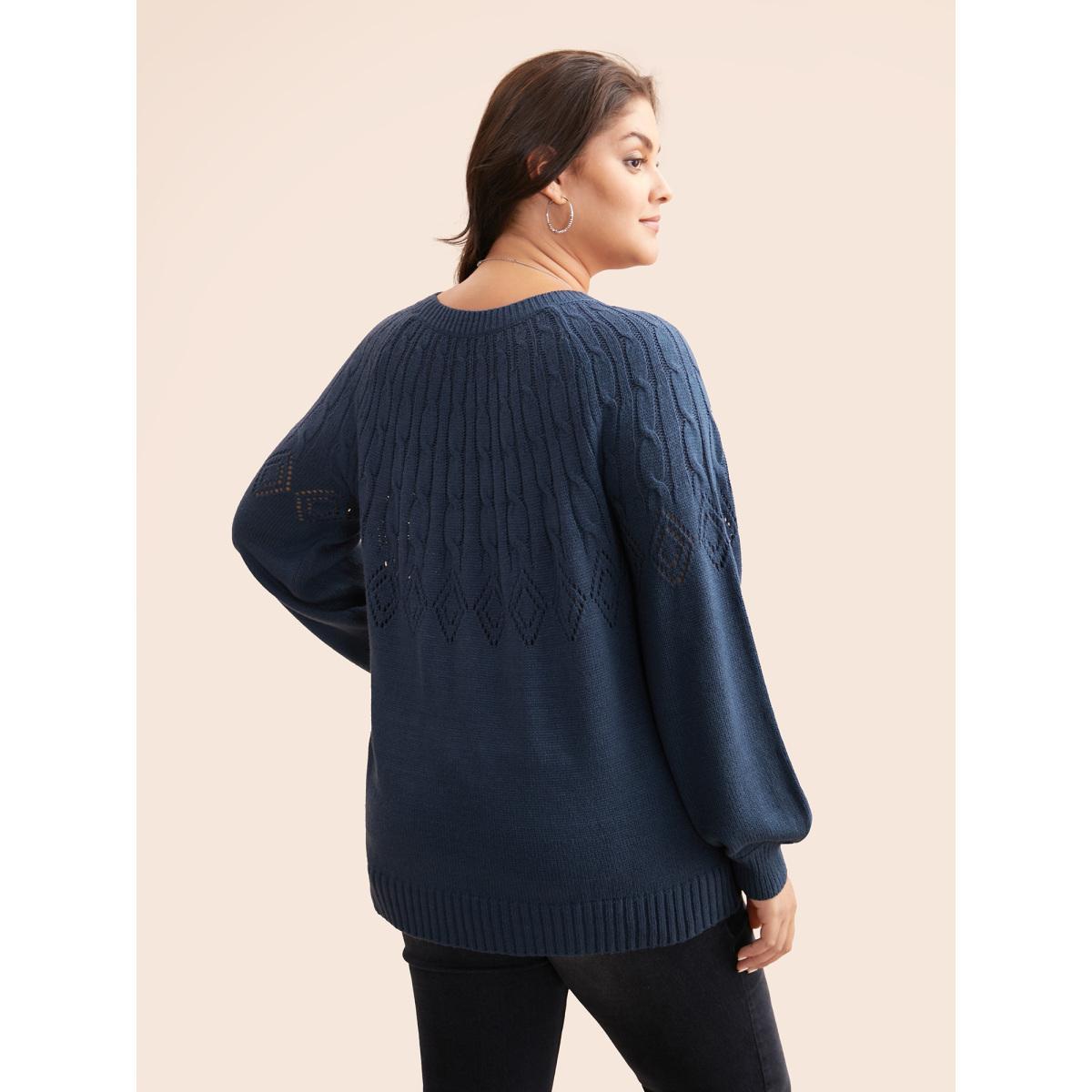 Plus Size Texture Cable Knit Lantern Sleeve Pullover Indigo Women Casual Loose Long Sleeve Round Neck Everyday Pullovers BloomChic 28/5X Product Image
