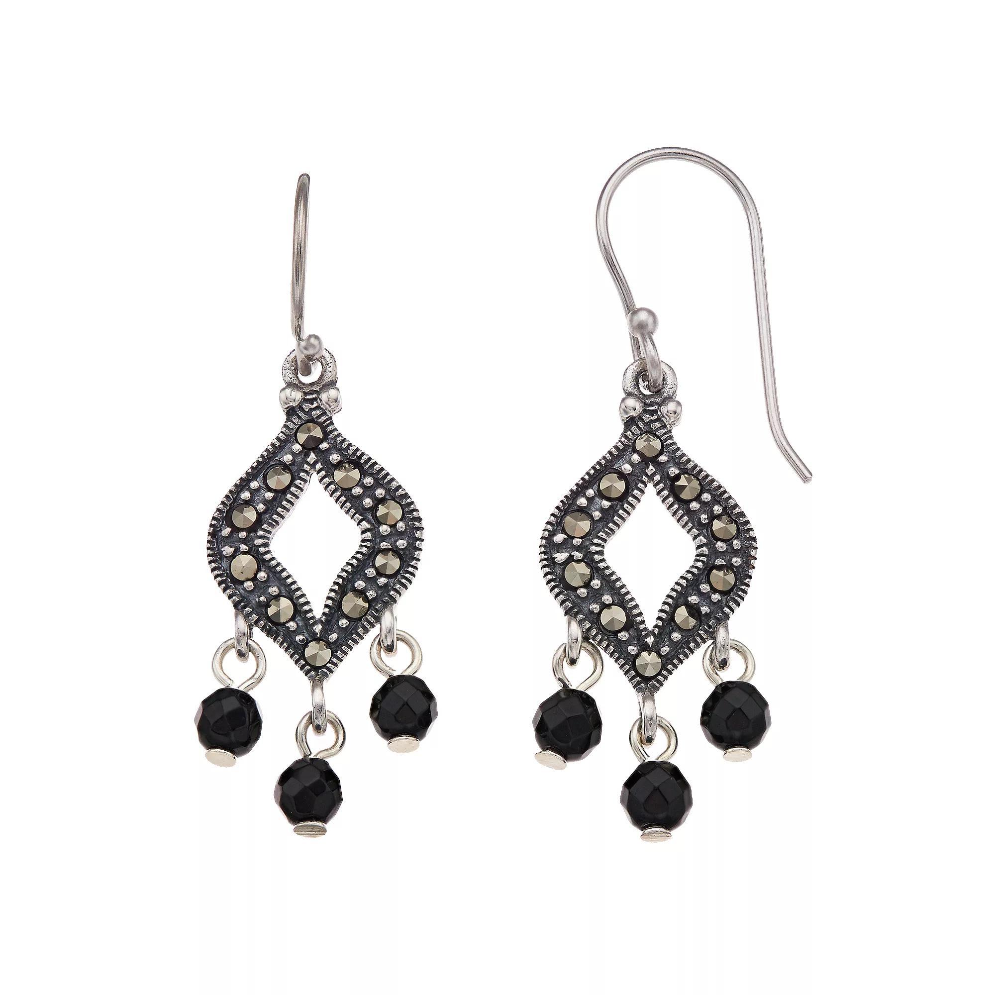 Tori Hill Marcasite & Onyx Bead Drop Earrings, Women's, Silvertone Product Image