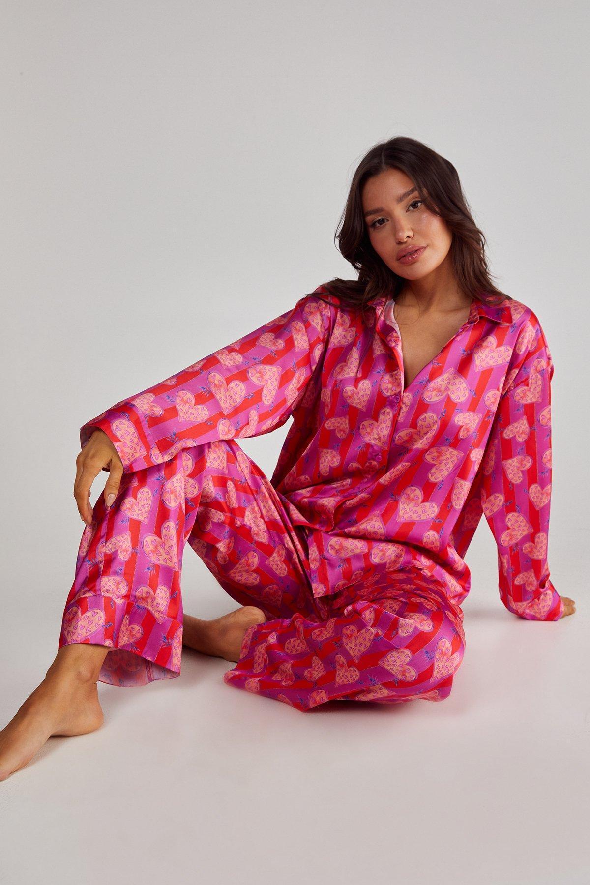 Stripe Heart Oversized Shirt Pajama Pants Set Product Image