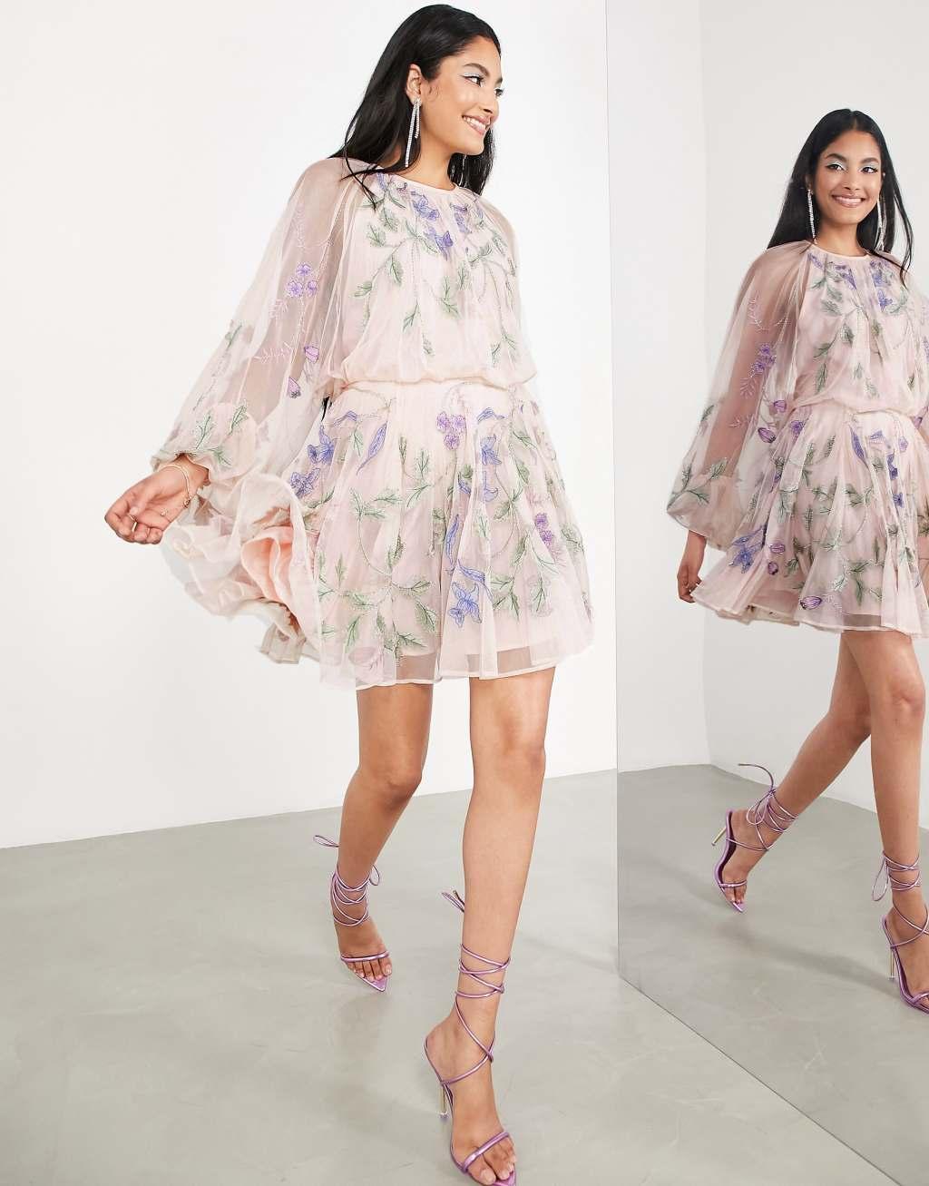 ASOS EDITION floral embroidered mesh mini dress with blouson sleeve Product Image