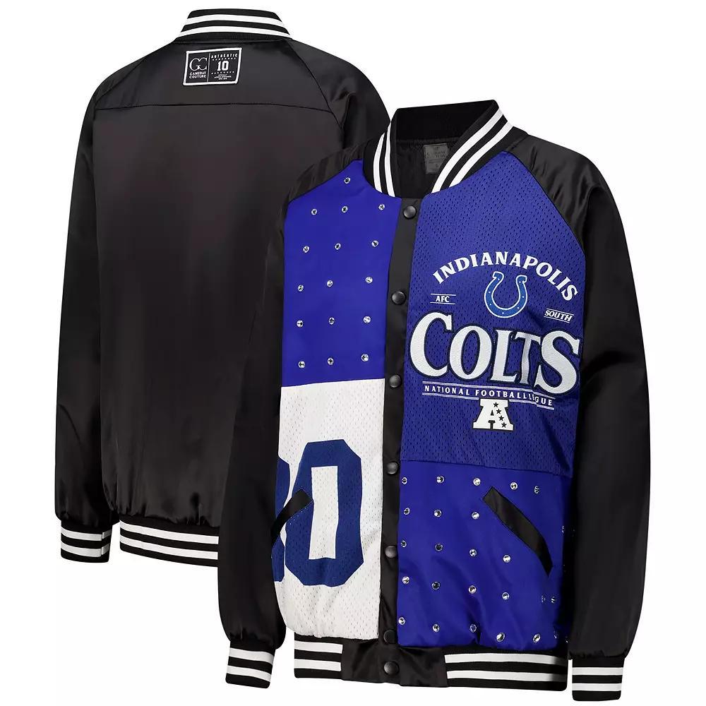 Women's Gameday Couture  Black/Royal Indianapolis Colts Oversized Hot Shot Rhinestone Throwback Full-Snap Varsity Bomber Jacket, Size: Medium Product Image