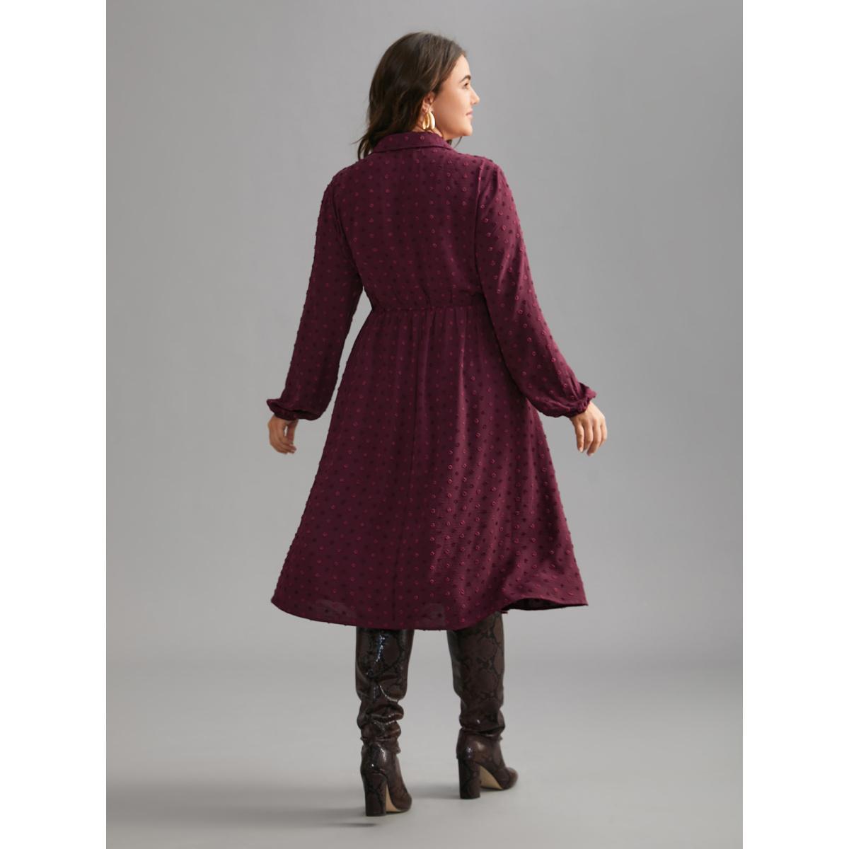 Plus Size Textured Shirt Collar Button Front Midi Dress Burgundy Women Elegant Texture Shirt collar Long Sleeve Curvy BloomChic 28/5X Product Image