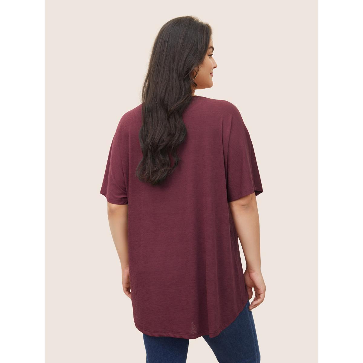 Plus Size Solid Lace Panel Curved Hem T-shirt Burgundy Women Resort Non Plain Round Neck Vacation T-shirts BloomChic 26/4X Product Image