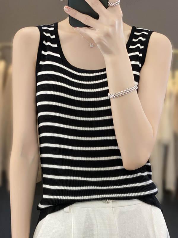Loose Sleeveless Contrast Color Striped U-Neck Vest Top Product Image