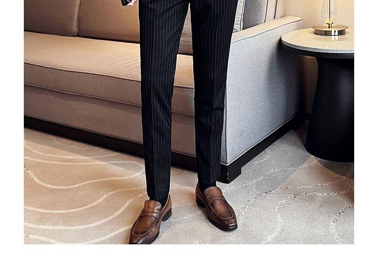 Set: Peak Lapel Striped Double-Breasted Blazer + Mid Rise Cropped Straight Leg Dress Pants + V-Neck Vest Product Image