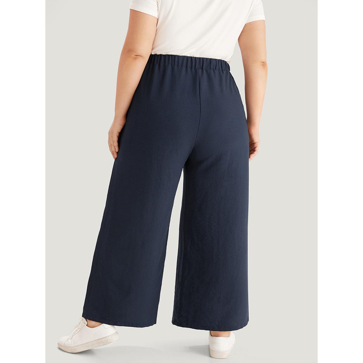 Plus Size Plain Drawstring Elastic Waist Gathered Pants Women Indigo Casual Straight Leg High Rise Dailywear Pants BloomChic 28/5X Product Image