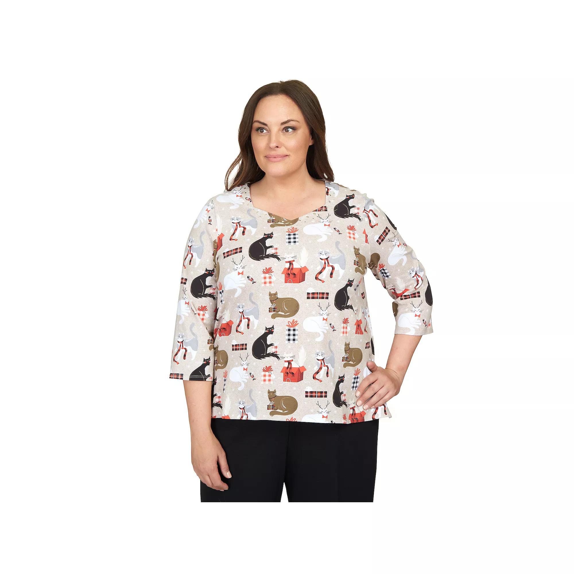 Plus Size Alfred Dunner Classic Cats & Presents Top, Women's, Size: 3XL, Dark Oatmeal Product Image