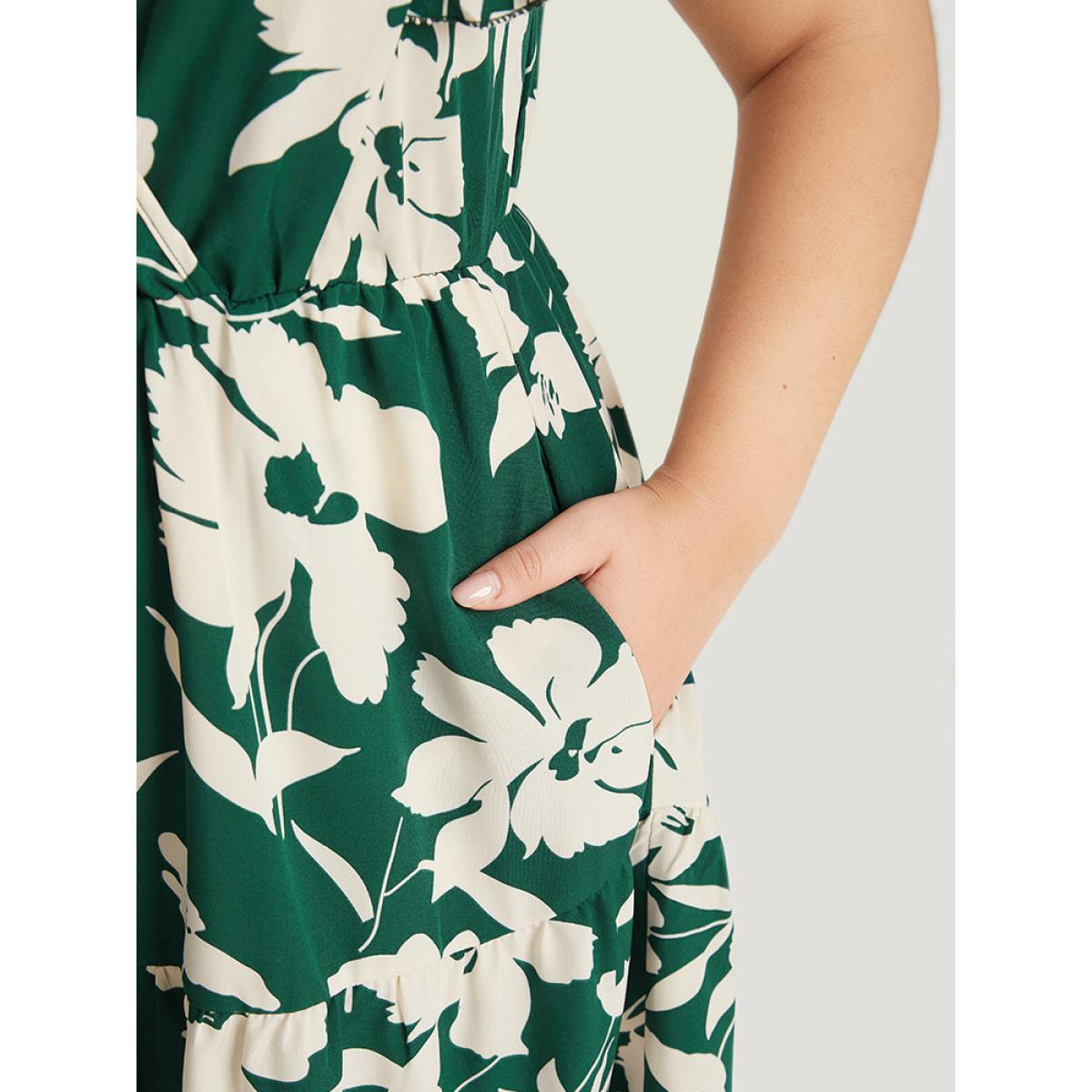 Plus Size Floral Ruffles Cap Sleeve Pocket Button Wrap Dress Green Women Elegant Gathered V-neck Sleeveless Curvy Midi Dress BloomChic 26/4X Product Image