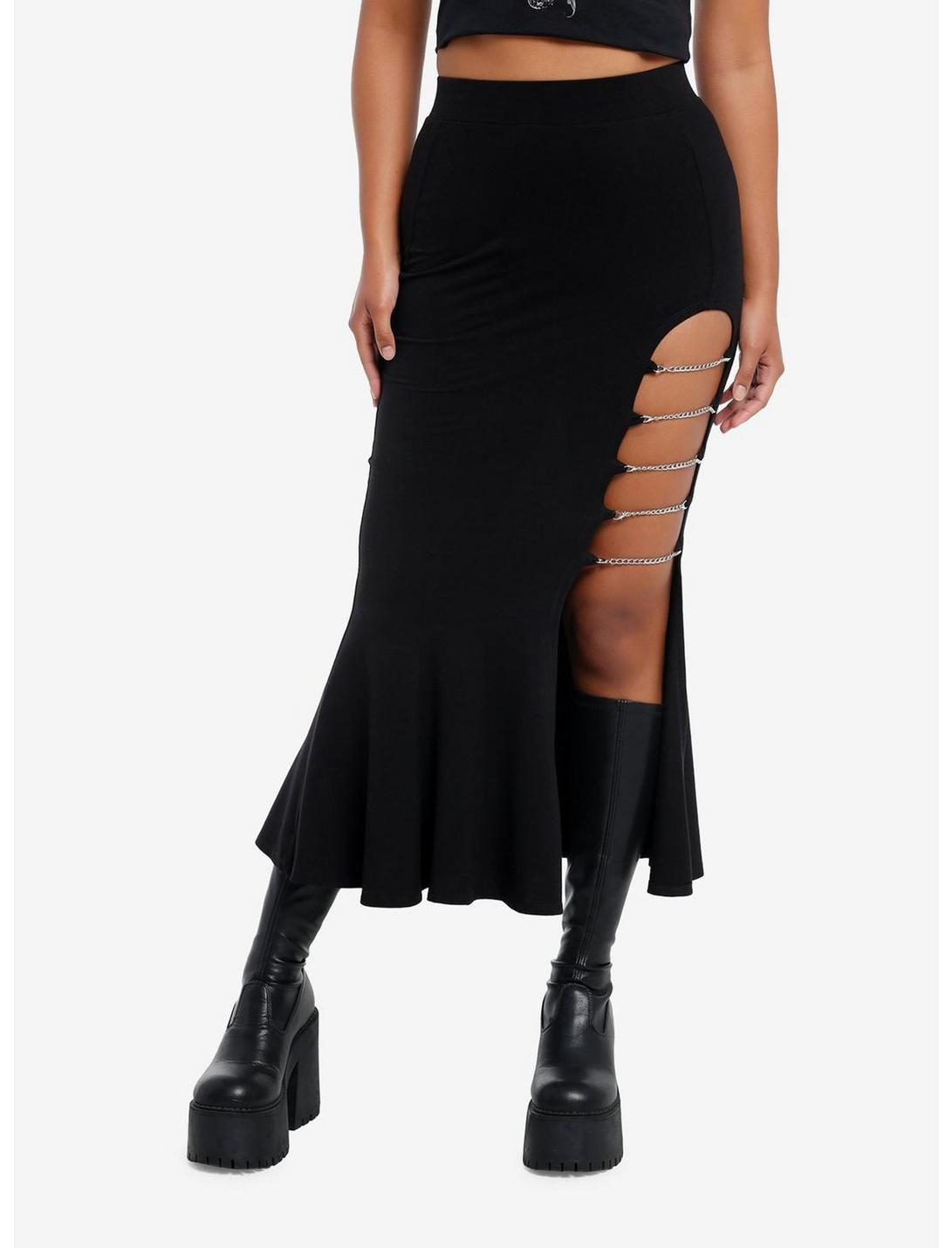 Social Collision Black Chain Slit Mermaid Midi Skirt Product Image