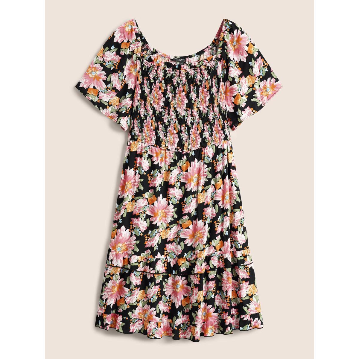 Plus Size Floral Shirred Ruffles Patchwork Pleated Dress Black Women Elegant Non Square Neck Short sleeve Curvy Midi Dress BloomChic 10/M Product Image