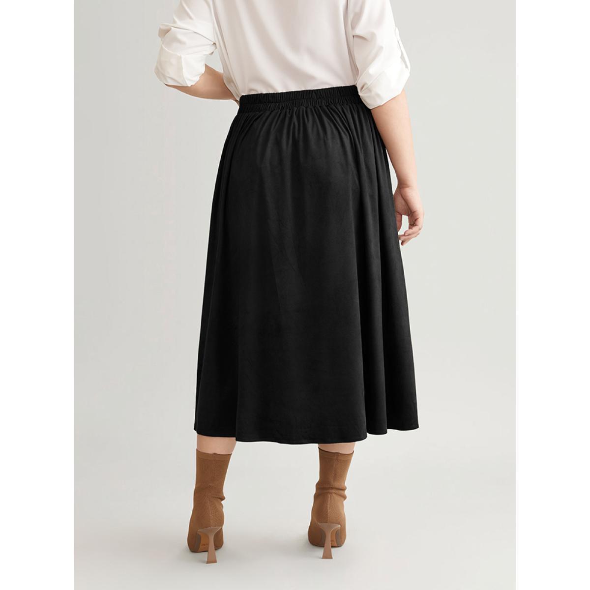 Plus Size Solid Buckle Detail Faux Suede A-line Skirt Women Black Office Style accents No stretch Pocket Work Skirts BloomChic 18-20/2X Product Image