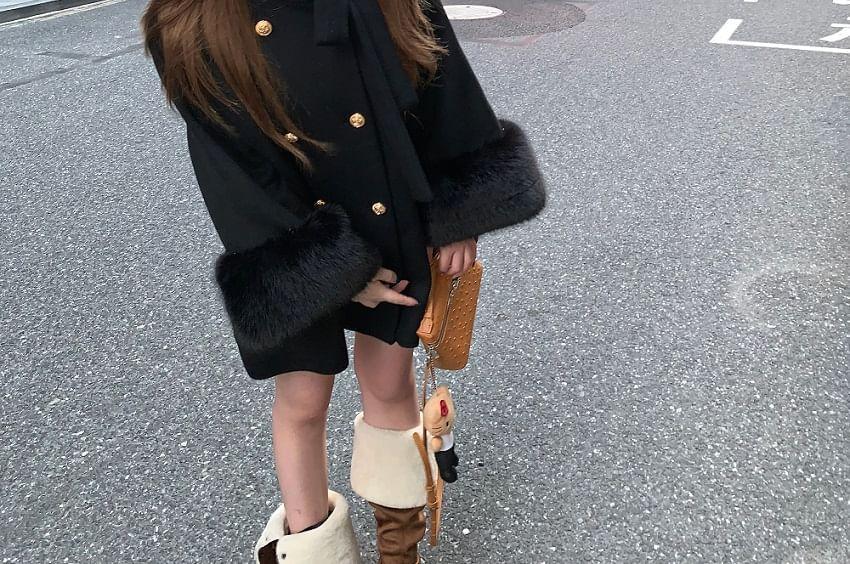 Furry-Trim Double-Breasted Wool Coat with Sash Product Image