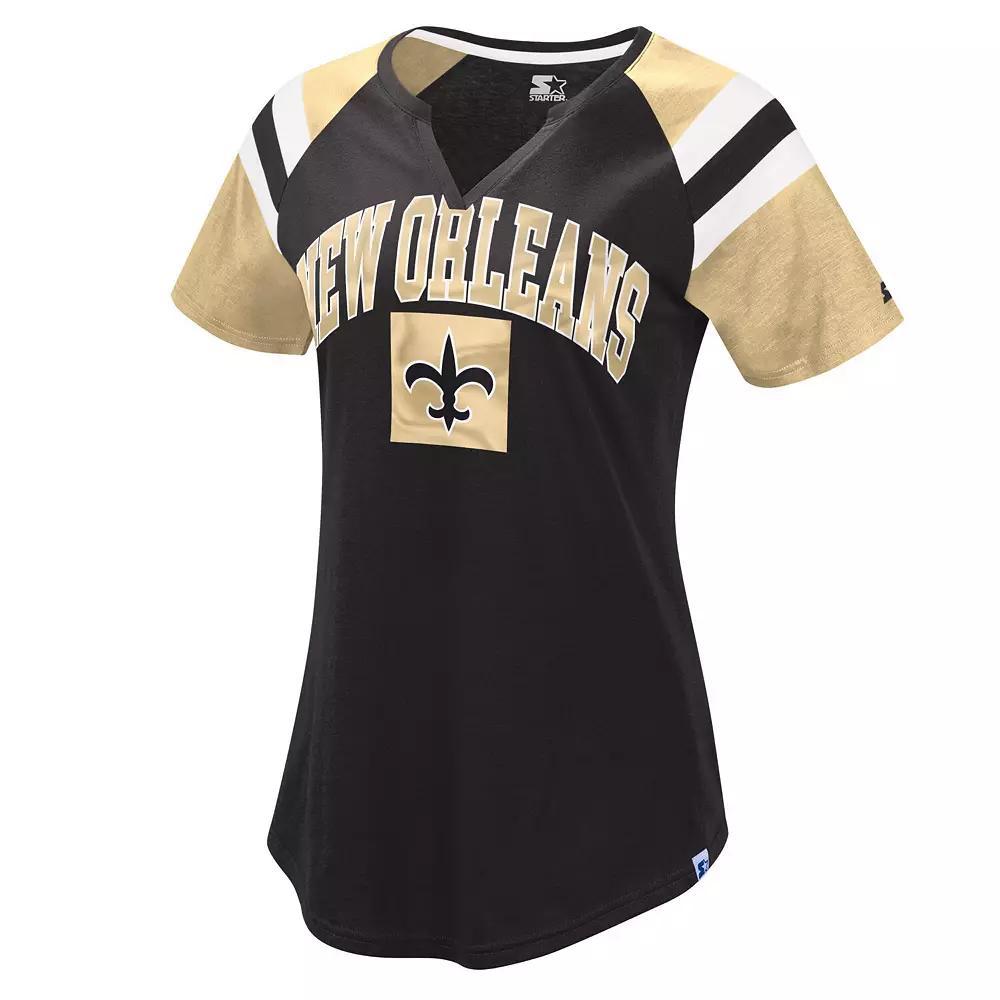 Women's Starter Black/Gold New Orleans Saints Game On Notch Neck Raglan T-Shirt, Size: Medium Product Image