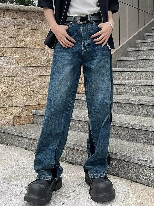 Men's Vintage Blue Splice Loose Jeans Product Image