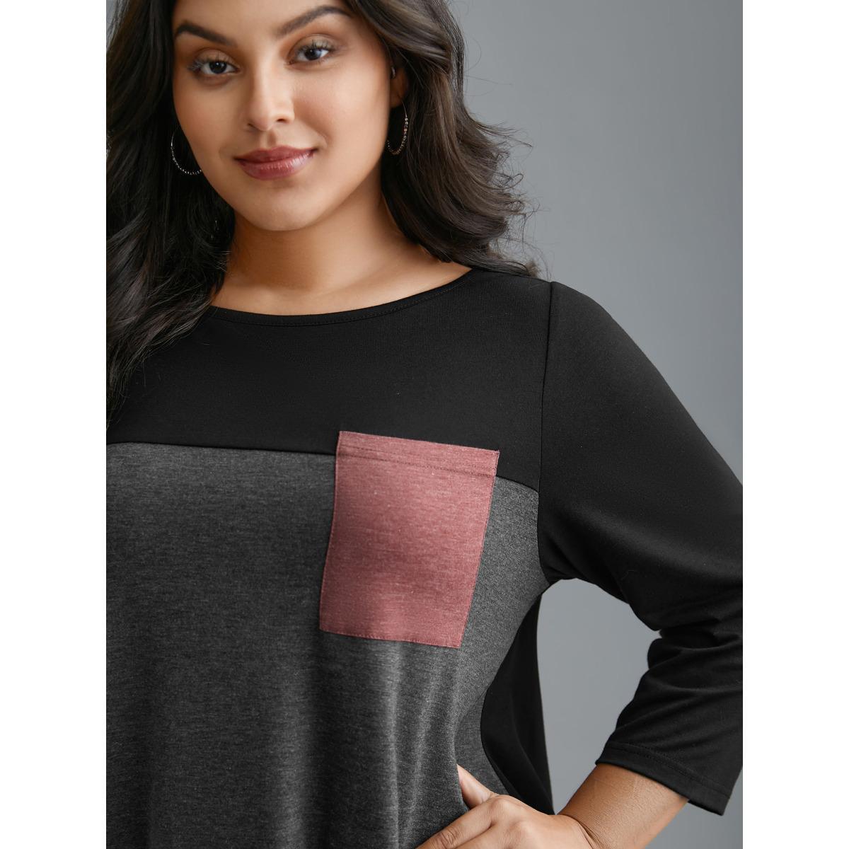 Plus Size Color Block Chest Pocket Round Neck T-Shirt Multicolor Women Casual Contrast Boat Neck Loose Everyday T-shirts BloomChic 28/5X Product Image