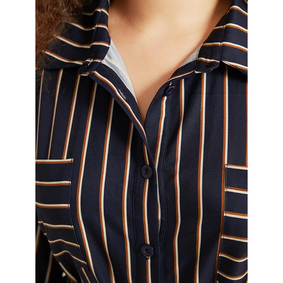 Plus Size Striped Belted Lantern Sleeve Button Through Dress Indigo Women At the Office Belted Shirt collar Long Sleeve Curvy Midi Dress BloomChic 28/5X Product Image