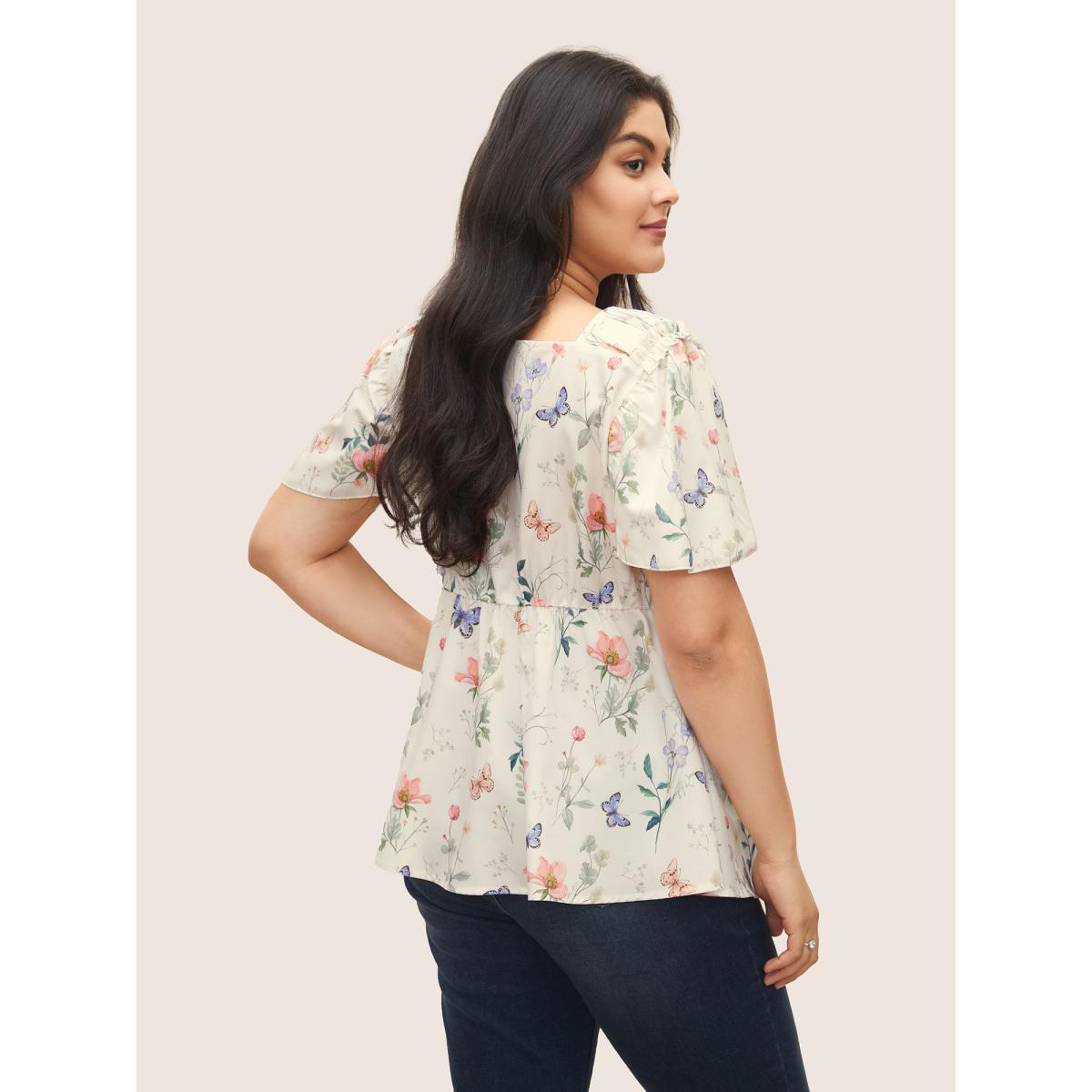 Plus Size Beige Butterfly Ruffles Elastic Waist Ruched Blouse Women Elegant Short sleeve V-neck Everyday Blouses BloomChic 18-20/2X Product Image