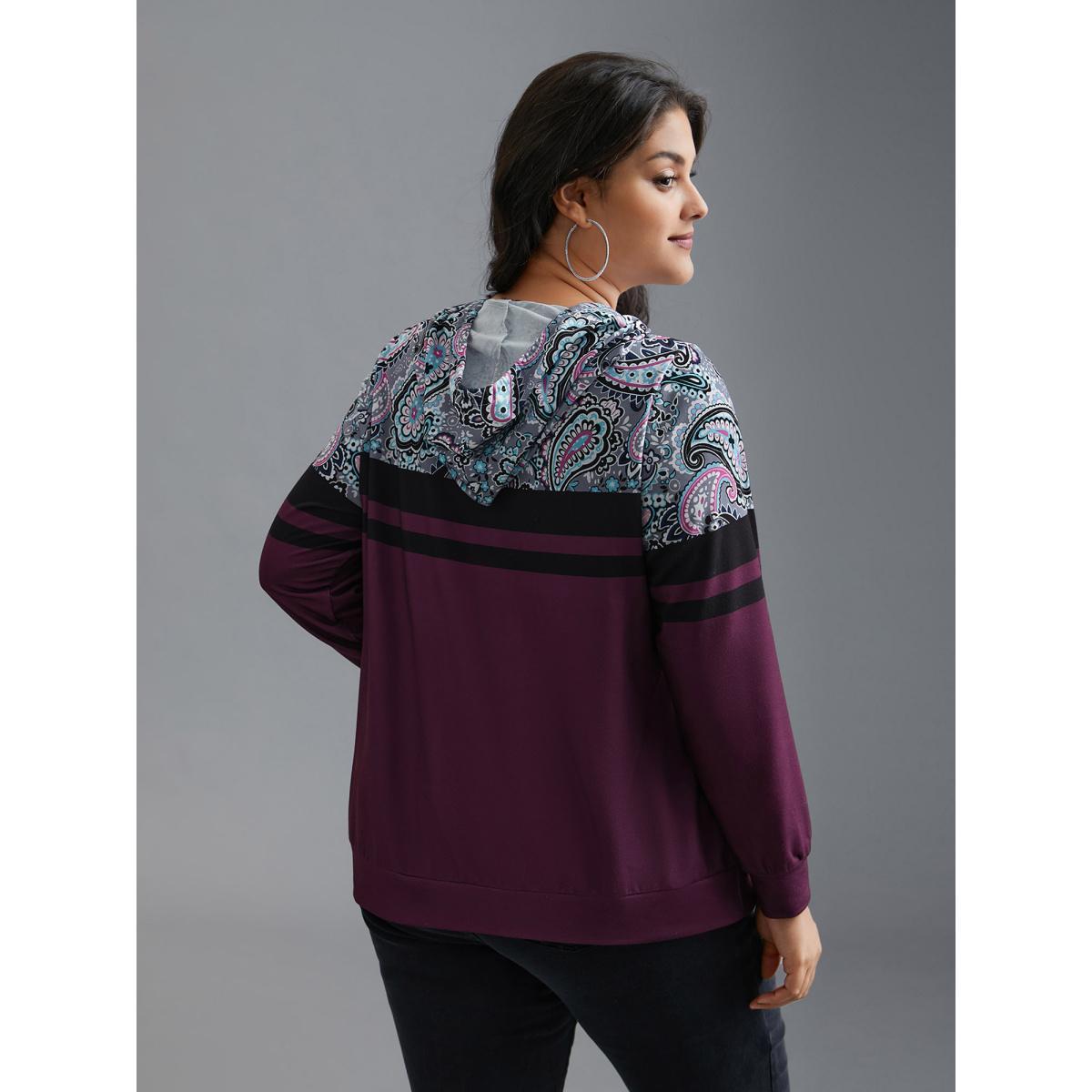 Plus Size Bandana Print Stretchy Contrast Hoodie Women Multicolor Casual Contrast Hooded Everyday Sweatshirts BloomChic 14-16/1X Product Image