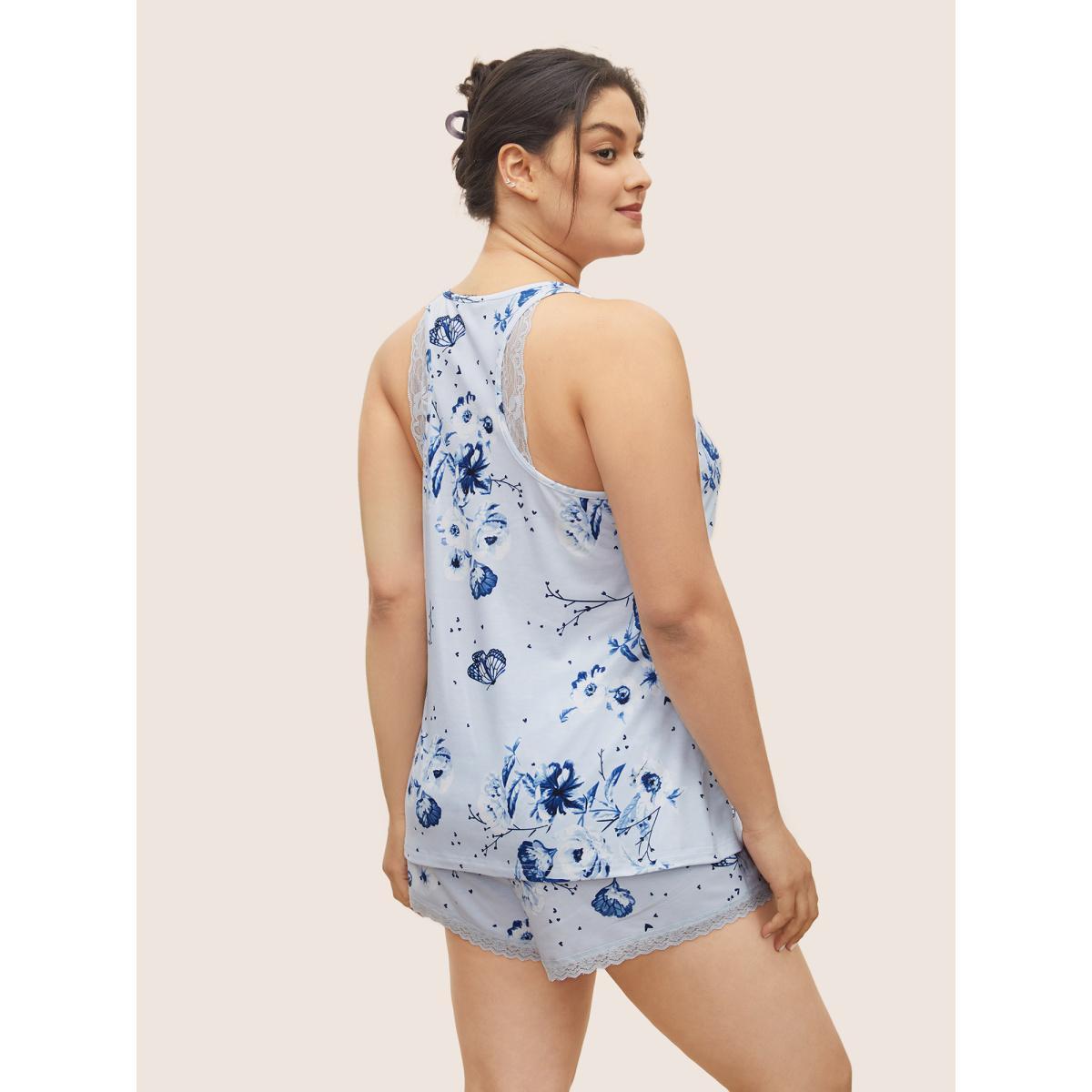 Plus Size Floral Print Lace Patchwork Pajama Sets Women Stone Floral Non Sleeveless Square Neck Lounge Loungewear Sets BloomChic 18-20/2X Product Image