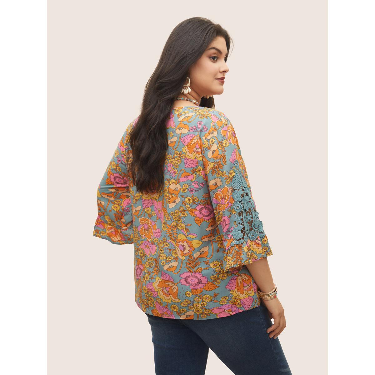 Plus Size Stone Boho Print Guipure Lace Ruffles Blouse Women Resort Elbow-length sleeve V-neck Vacation Blouses BloomChic 26/4X Product Image