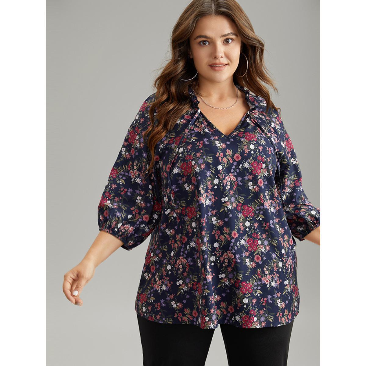 Plus Size Indigo Ditsy Floral Tie Neck Elastic Cuffs Blouse Women Elegant Elbow-length sleeve Tie Neck Dailywear Blouses BloomChic 14-16/1X Product Image