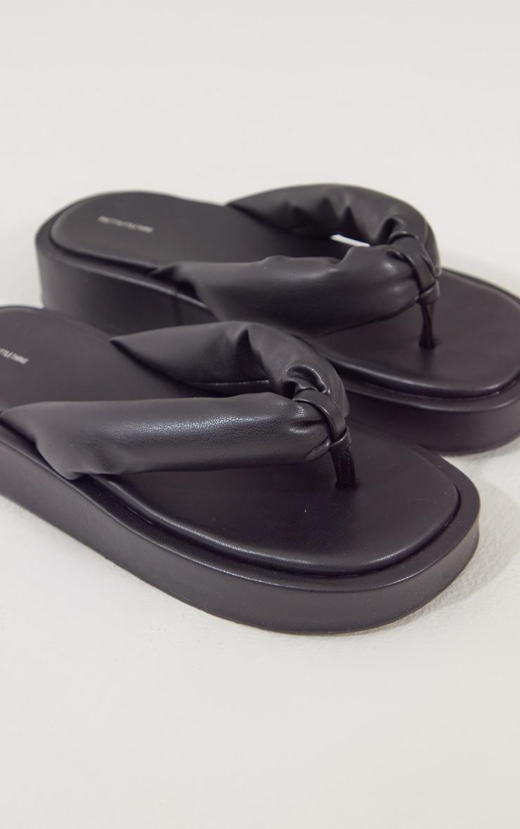 Black Pu Padded Thong Strap Chunky Sandals Product Image