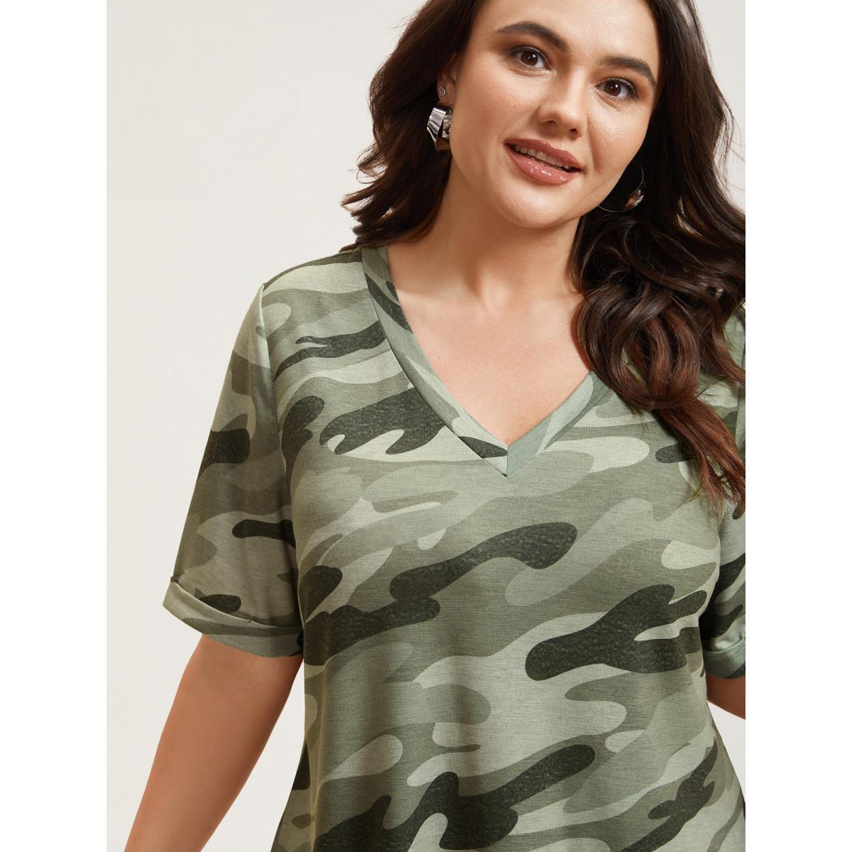 Plus Size Camouflage Print V-Neck Curvy T-Shirt Multicolor Women Elegant Roll Hem V-neck Everyday T-shirts BloomChic 18-20/2X Product Image