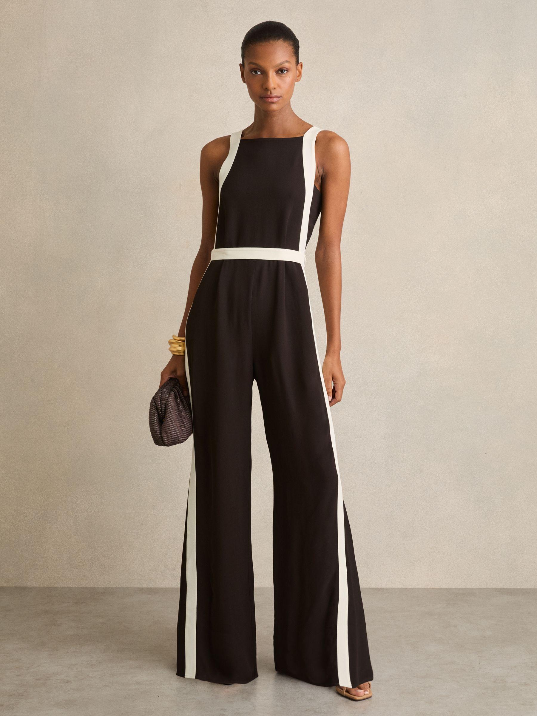 Colourblock Wide Leg Belted Jumpsuit in Chocolate/Cream Product Image