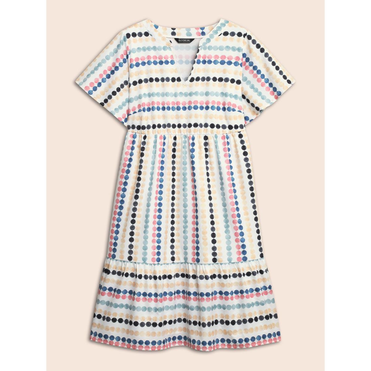 Plus Size Dot Print Elastic Waist Split Neck Midi Dress WhiteSmoke Women Casual Ruffles Flat collar with V-notch Short sleeve Curvy BloomChic 26/4X Product Image
