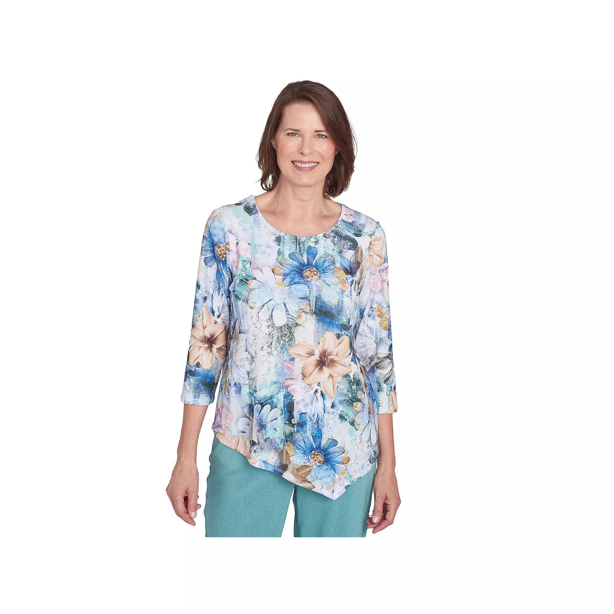 Petite Alfred Dunner Watercolor Floral Asymmetric Hem Top, Women's, Size: Medium Petite, Multi Blue Product Image