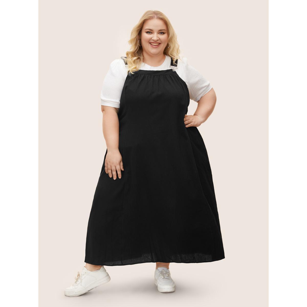 Plus Size Cotton Solid Adjustable Straps Pocket Midi Dress Black Women Casual Gathered Non Sleeveless Curvy BloomChic 12/L Product Image