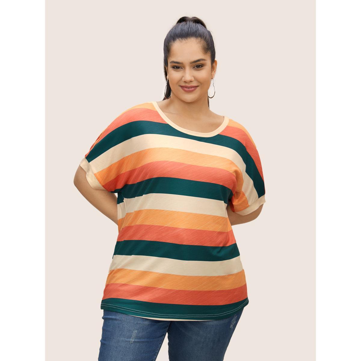 Plus Size Colored Striped Crew Neck Batwing Sleeve T-shirt Multicolor Women Casual Contrast Round Neck Everyday T-shirts BloomChic 26/4X Product Image