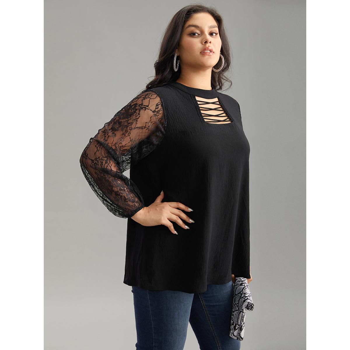 Plus Size Black Halloween Eyelet Lace Cut Out Mesh Blouse Women Elegant Long Sleeve Keyhole Cut-Out Festival-Halloween Blouses BloomChic 18-20/2X Product Image