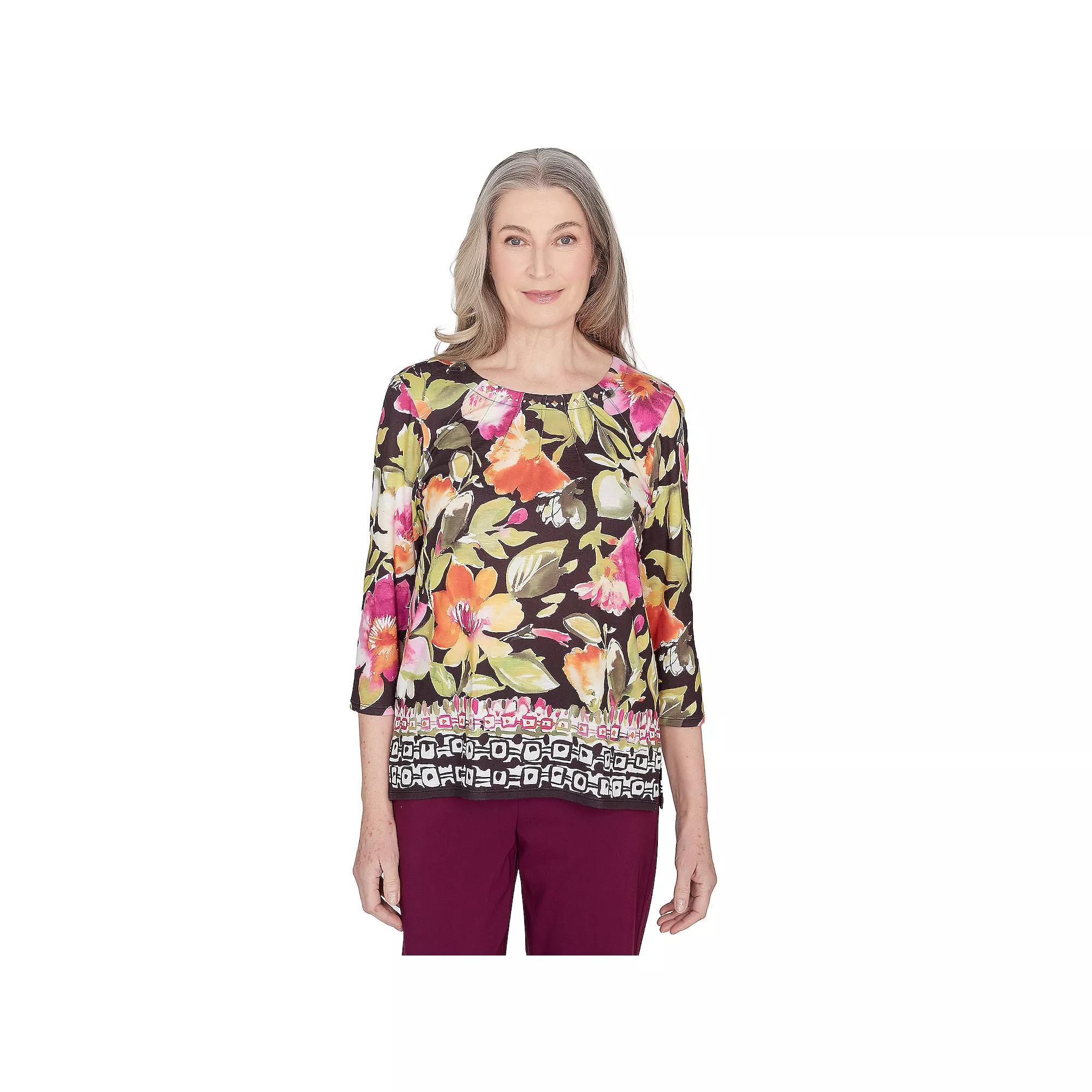 Petite Alfred Dunner Bold Floral Geometric Border Top, Women's, Size: Medium Petite, Multi Purple Product Image