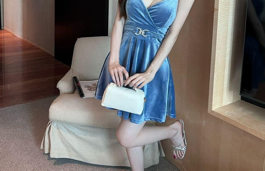 Spaghetti Strap V-Neck Plain Velvet Mini A-Line Wrap Dress Product Image
