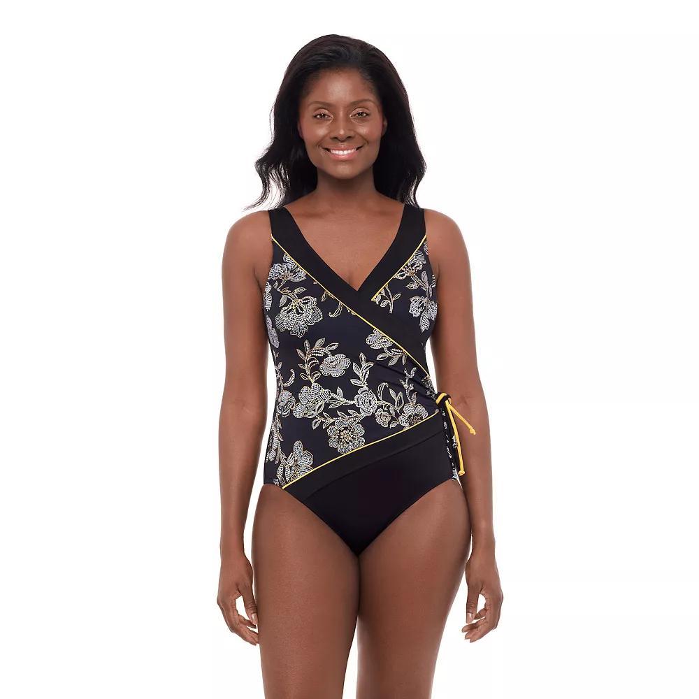 Women's Great Lengths Black Floral Tassel Surplice One Piece Swimsuit, Size: 16 Product Image