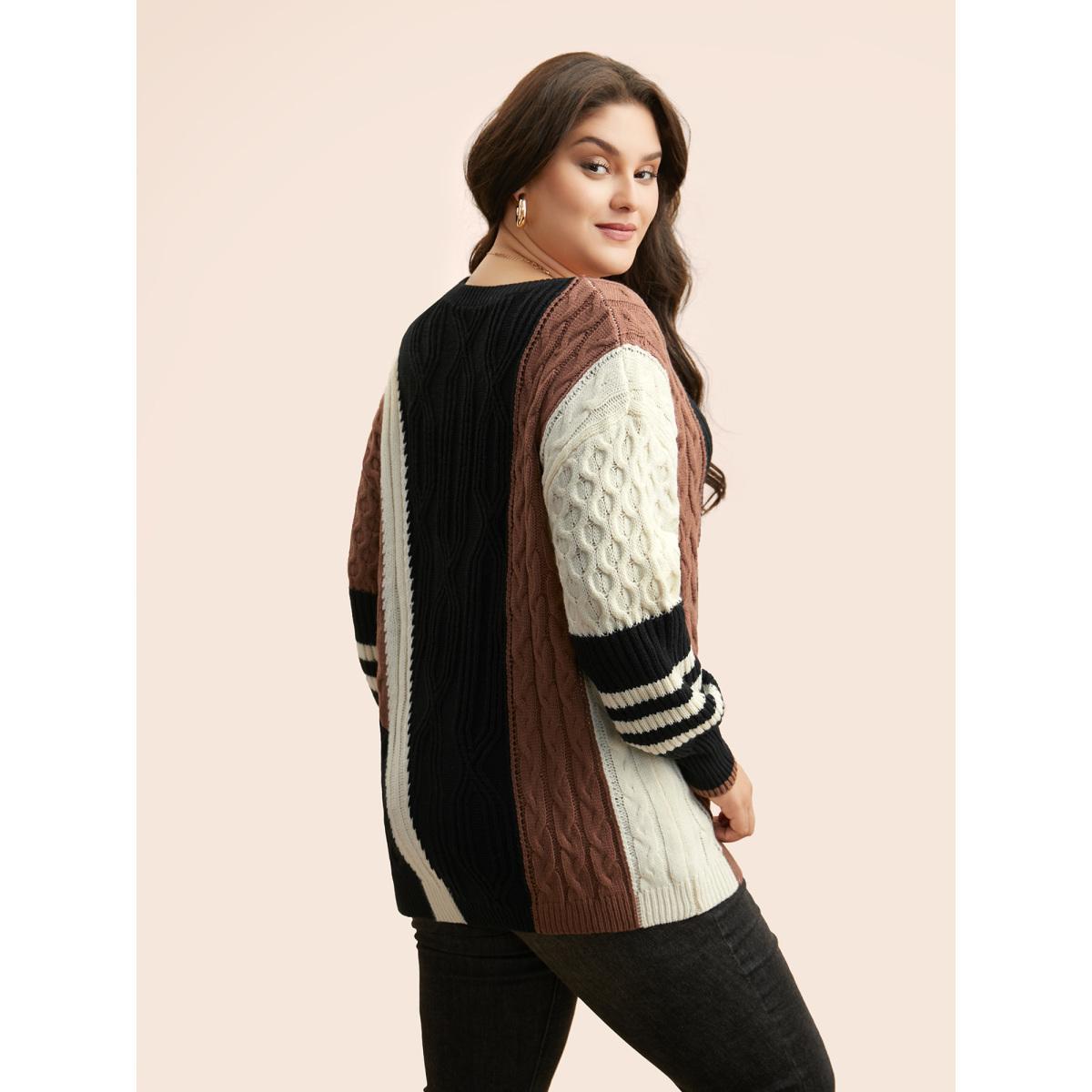 Plus Size Contrast Patchwork Cable Knit Pullover Black Women Casual Loose Long Sleeve Round Neck Everyday Pullovers BloomChic 18-20/2X Product Image