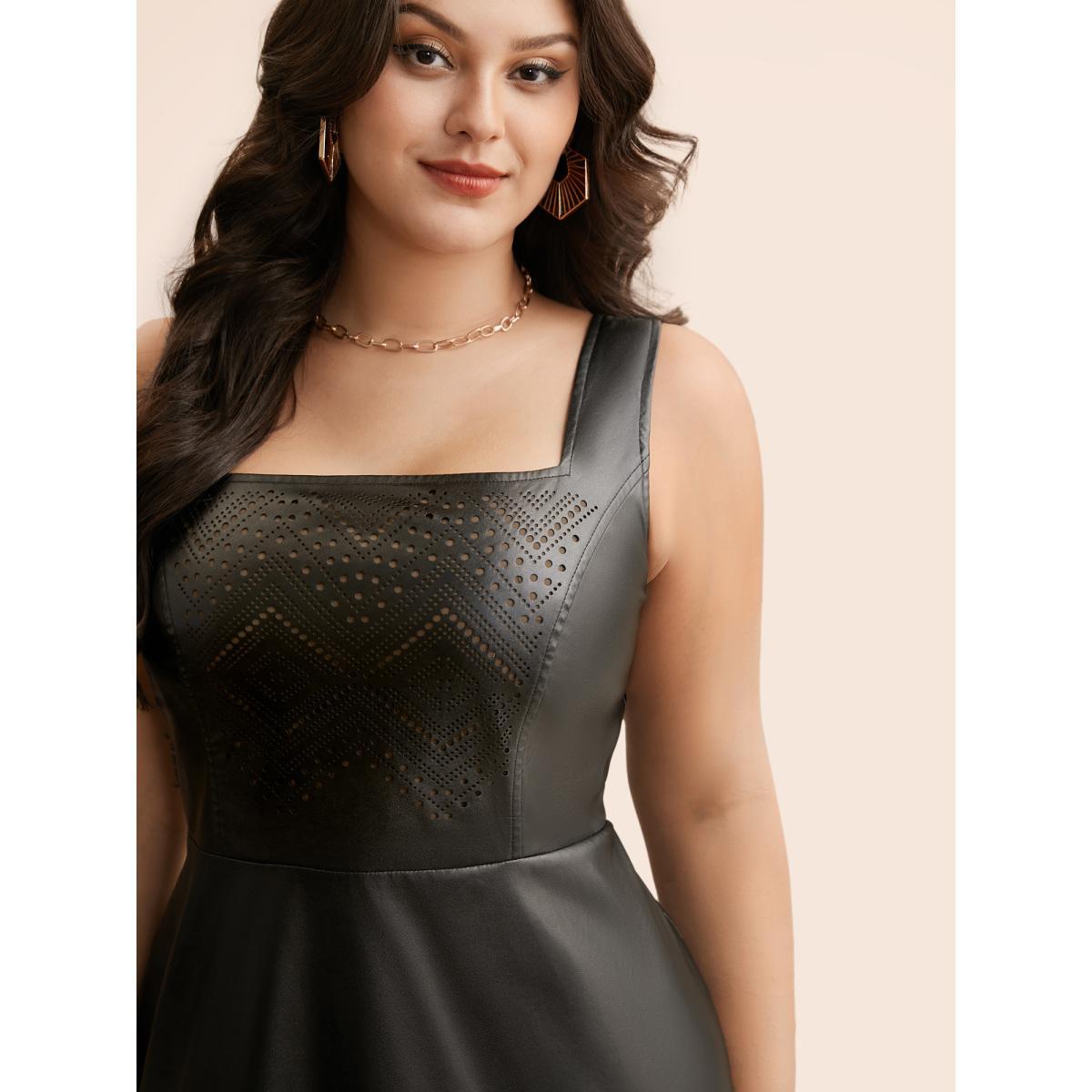 Plus Size Solid PU Leather Laser Cut Dress Black Women Elegant Texture Square Neck Sleeveless Curvy BloomChic 10/M Product Image